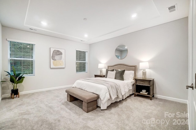 bedroom featuring light colored carpet and a tray ceiling