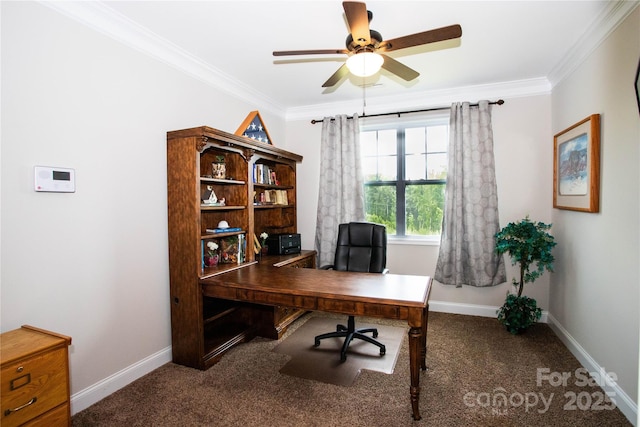 carpeted office space featuring ceiling fan and ornamental molding