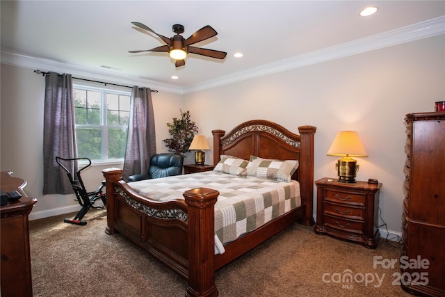 bedroom featuring carpet flooring, ceiling fan, and ornamental molding