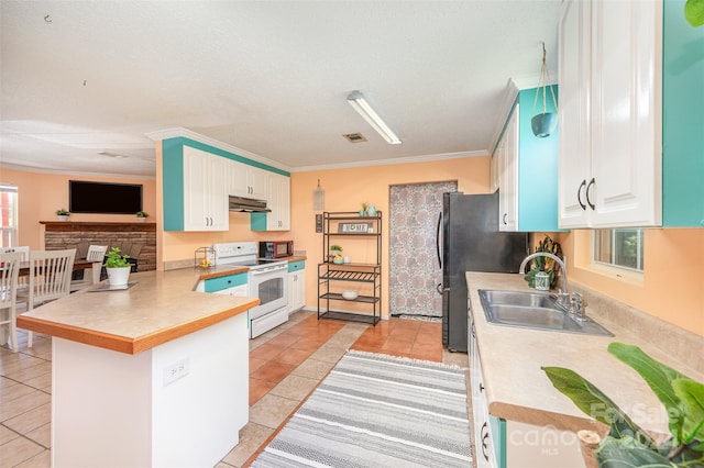 kitchen with white range with electric cooktop, kitchen peninsula, light tile patterned floors, ornamental molding, and white cabinetry