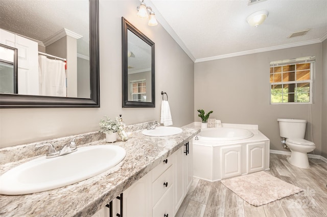 bathroom featuring crown molding, toilet, a textured ceiling, and hardwood / wood-style flooring