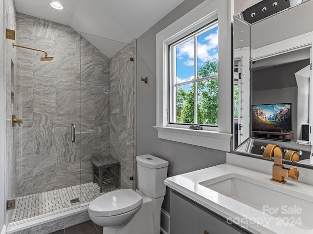 bathroom with vaulted ceiling, toilet, a shower with shower door, and vanity