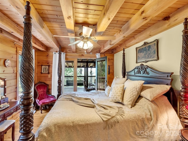 bedroom with beamed ceiling, hardwood / wood-style flooring, access to outside, ceiling fan, and wood ceiling