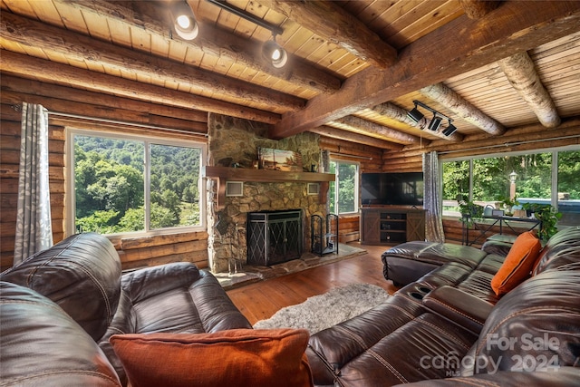 living room featuring wood ceiling, beamed ceiling, rustic walls, and hardwood / wood-style floors