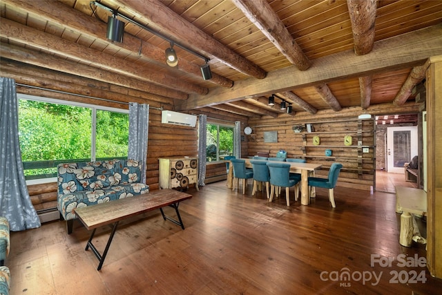 dining room with an AC wall unit, log walls, wood ceiling, beamed ceiling, and dark hardwood / wood-style floors