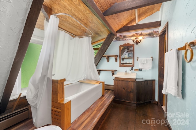 bathroom with a baseboard heating unit, vanity, lofted ceiling with beams, and wood ceiling