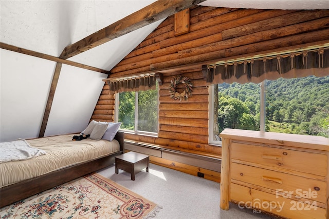 carpeted bedroom with rustic walls and lofted ceiling with beams