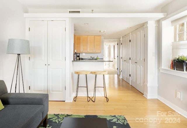 kitchen with a healthy amount of sunlight, light brown cabinetry, light hardwood / wood-style floors, and a kitchen bar