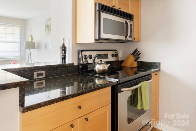 kitchen featuring dark stone counters and stainless steel appliances