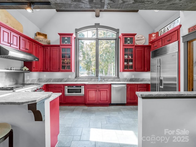 kitchen with light stone countertops, sink, vaulted ceiling, and high end appliances