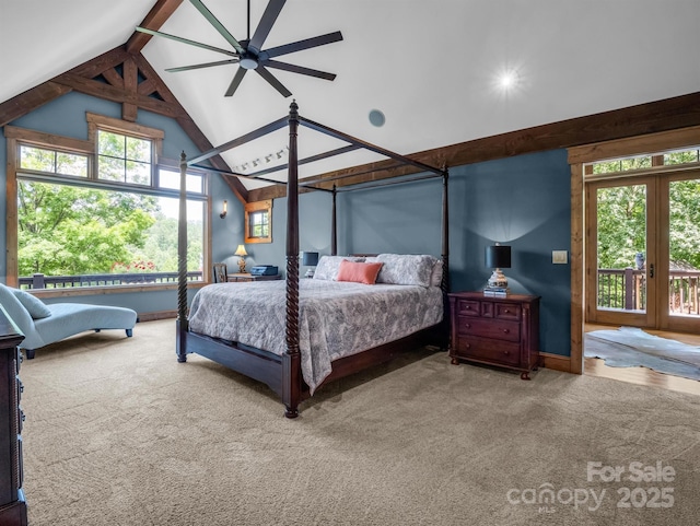 bedroom featuring carpet flooring, french doors, beamed ceiling, and high vaulted ceiling