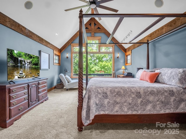 carpeted bedroom featuring ceiling fan, beamed ceiling, and high vaulted ceiling