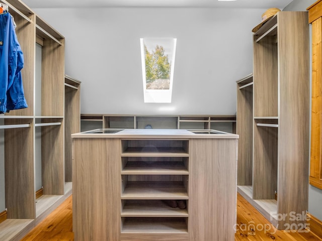 spacious closet featuring light hardwood / wood-style floors and a skylight