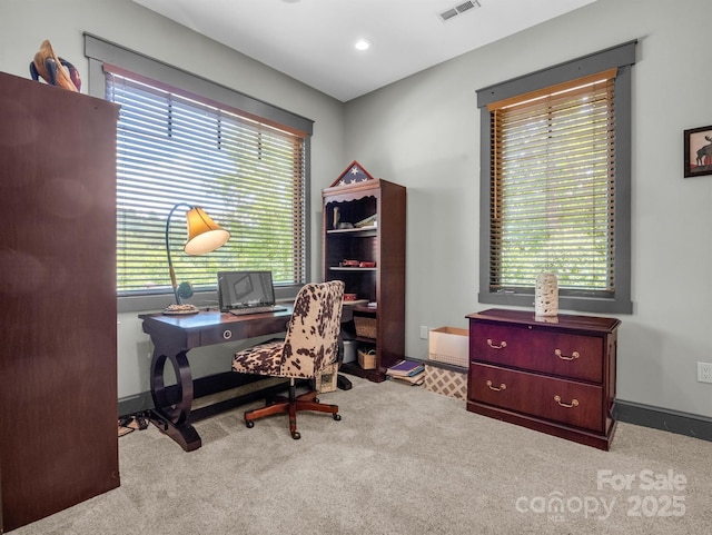 office area featuring light carpet