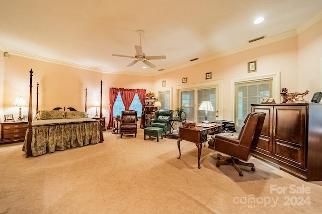 bedroom featuring ceiling fan, light colored carpet, and ornamental molding