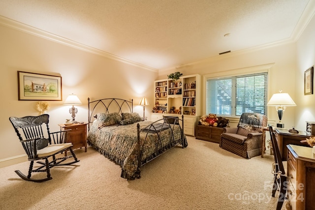 carpeted bedroom with crown molding