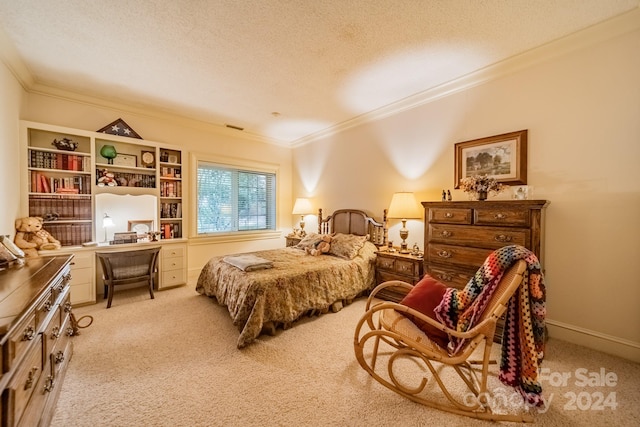 bedroom with a textured ceiling, ornamental molding, and light colored carpet