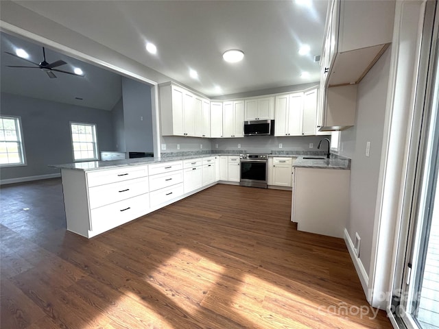 kitchen featuring white cabinetry, sink, dark wood-type flooring, stainless steel appliances, and kitchen peninsula