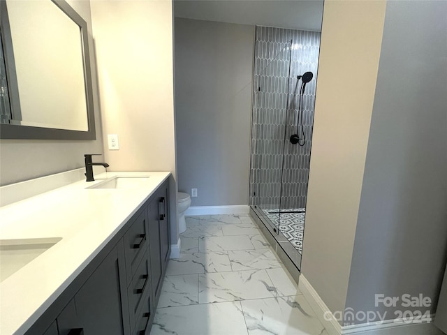 bathroom featuring a shower, vanity, and toilet