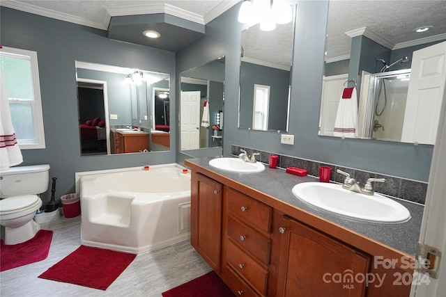 full bathroom with toilet, separate shower and tub, a textured ceiling, and ornamental molding