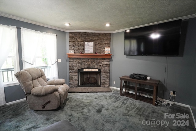 living room with a textured ceiling, crown molding, carpet, and a stone fireplace