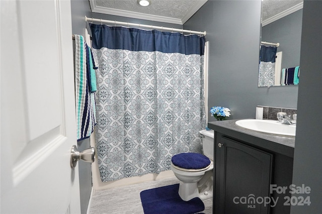 bathroom with vanity, crown molding, and a textured ceiling