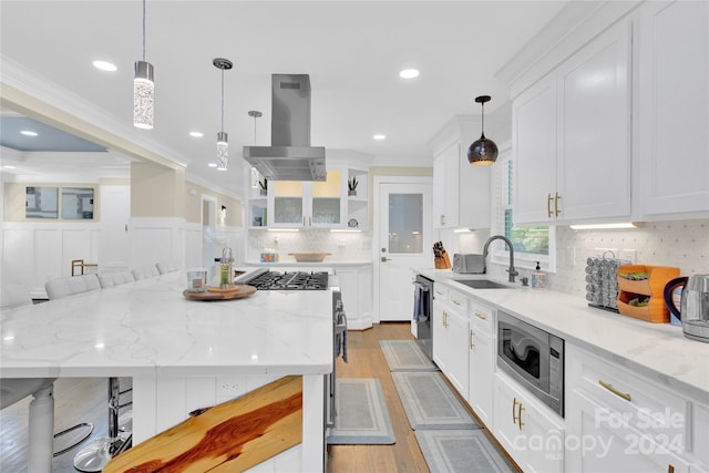 kitchen featuring stainless steel microwave, sink, island range hood, and white cabinetry