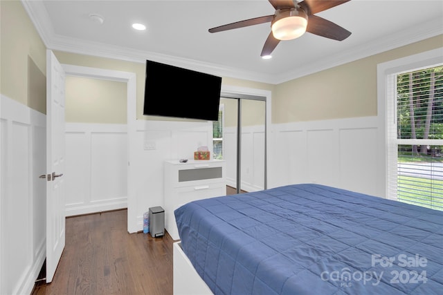 bedroom featuring ceiling fan, dark wood-type flooring, a closet, and ornamental molding