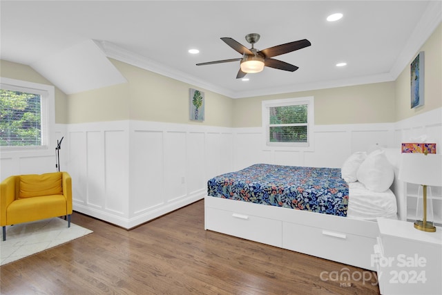 bedroom featuring ceiling fan, multiple windows, and dark hardwood / wood-style flooring