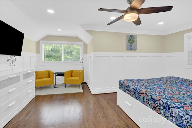 bedroom featuring ceiling fan, wood-type flooring, lofted ceiling, and crown molding