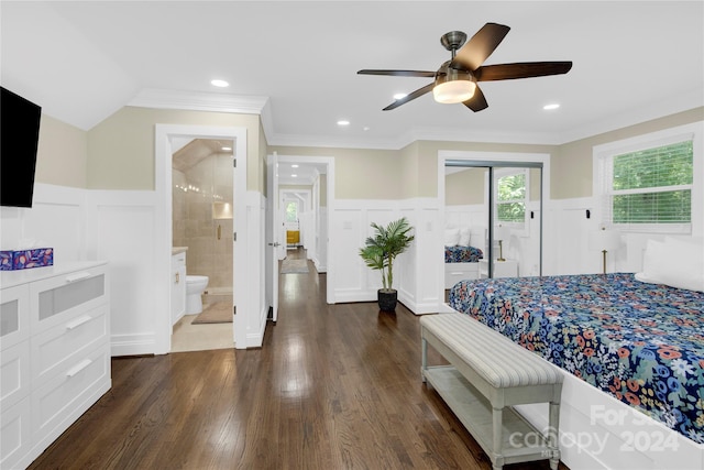 bedroom featuring ceiling fan, ensuite bathroom, access to outside, crown molding, and dark hardwood / wood-style flooring