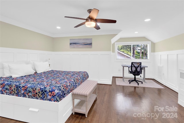 bedroom featuring ceiling fan, vaulted ceiling, dark hardwood / wood-style flooring, and crown molding