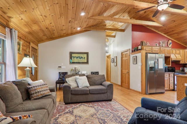 living room featuring wooden ceiling, ceiling fan, high vaulted ceiling, light hardwood / wood-style flooring, and beamed ceiling