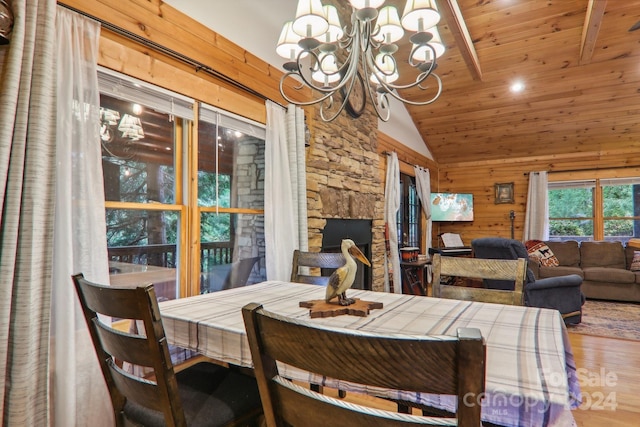 dining area with wood ceiling, hardwood / wood-style floors, wooden walls, a chandelier, and beamed ceiling