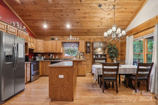 kitchen featuring vaulted ceiling, wooden ceiling, appliances with stainless steel finishes, and a kitchen island