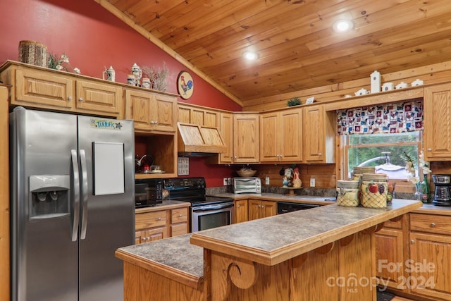 kitchen with black appliances, lofted ceiling, a center island, premium range hood, and wooden ceiling