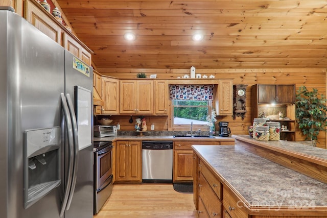 kitchen with wood walls, sink, light wood-type flooring, wood ceiling, and stainless steel appliances