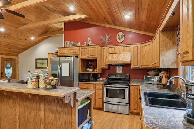 kitchen featuring custom exhaust hood, lofted ceiling with beams, appliances with stainless steel finishes, and sink