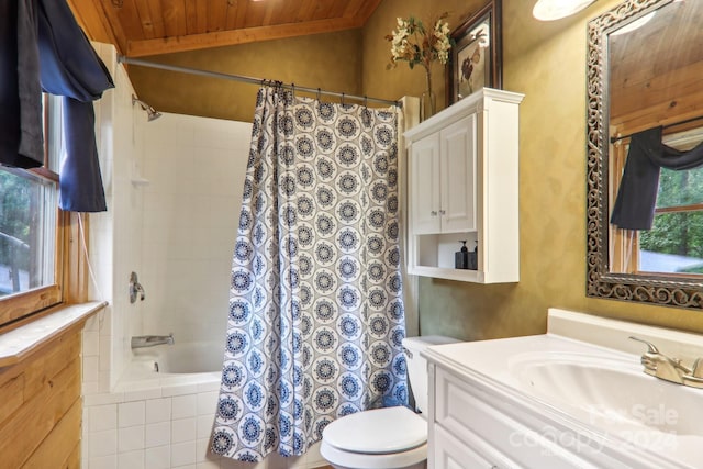 full bathroom featuring wood ceiling, vanity, shower / bath combination with curtain, toilet, and vaulted ceiling