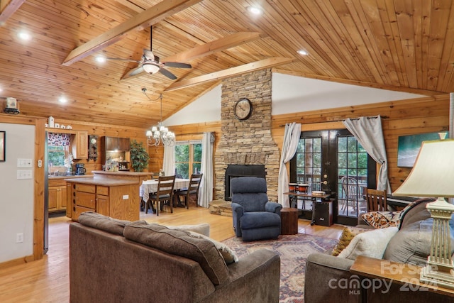 living room with light wood-type flooring, wood ceiling, and high vaulted ceiling