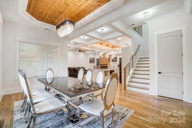 dining room with beamed ceiling, ceiling fan with notable chandelier, light wood-type flooring, and coffered ceiling