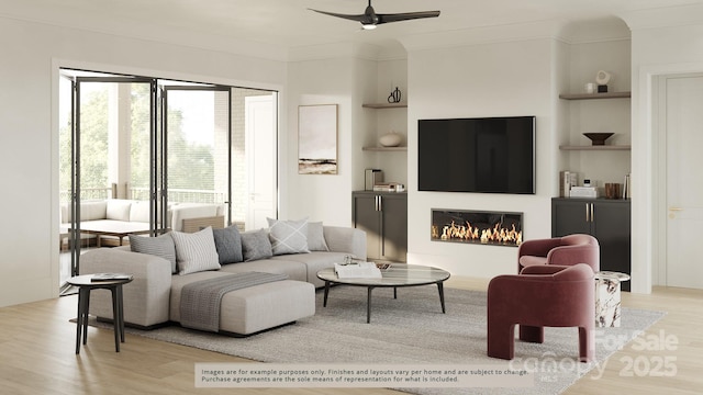 living room with crown molding, ceiling fan, built in features, and light wood-type flooring