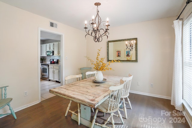 dining area with an inviting chandelier and light wood-type flooring