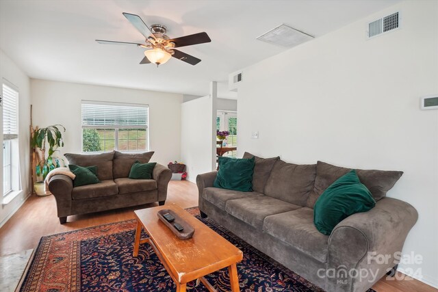 living room with a healthy amount of sunlight, hardwood / wood-style floors, and ceiling fan