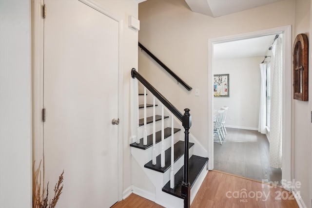 staircase with wood-type flooring