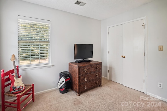 carpeted bedroom featuring a textured ceiling and a closet