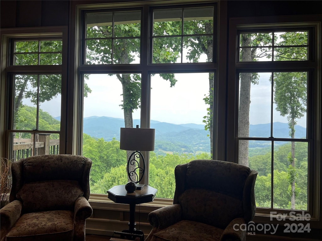 interior space with a mountain view