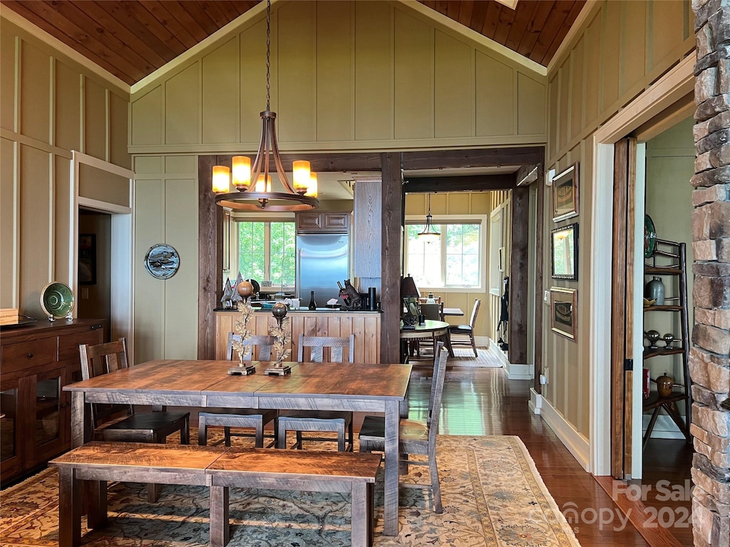 dining area with wood ceiling, high vaulted ceiling, and dark hardwood / wood-style floors