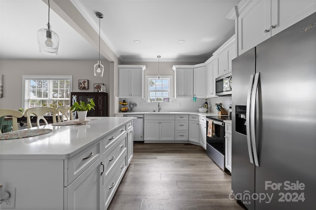 kitchen featuring appliances with stainless steel finishes, pendant lighting, a wealth of natural light, and hardwood / wood-style flooring