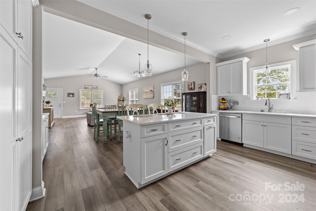 kitchen with stainless steel dishwasher, a center island, a healthy amount of sunlight, and hardwood / wood-style floors